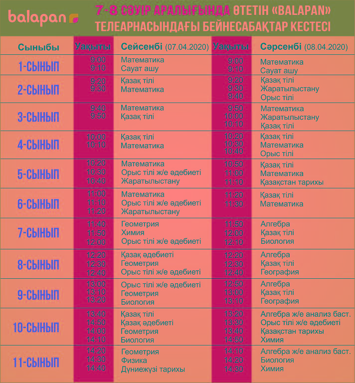 مەكتەپ وقۋشىلارىنا 7-8 ساۋىرگە ارنالعان بەينەساباقتار كەستەسى