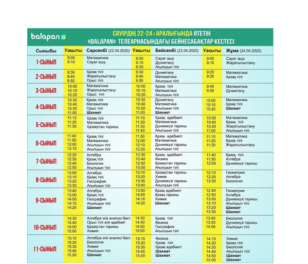 مەكتەپ وقۋشىلارىنا 22-24 ساۋىرگە ارنالعان بەينەساباقتار كەستەسى