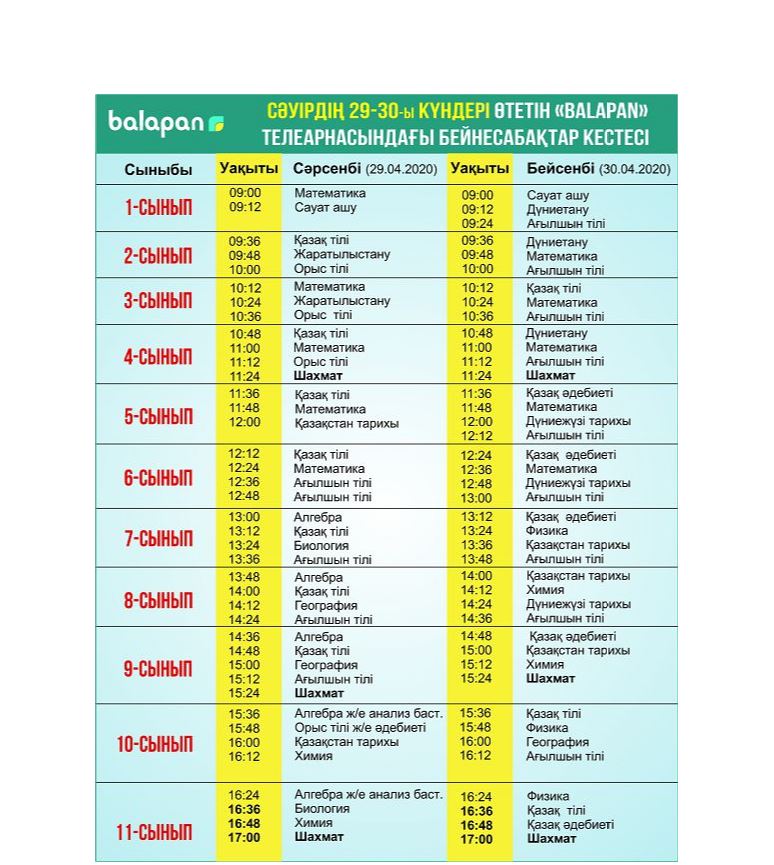 مەكتەپ وقۋشىلارىنا 29-30 ساۋىرگە ارنالعان بەينەساباقتار كەستەسى