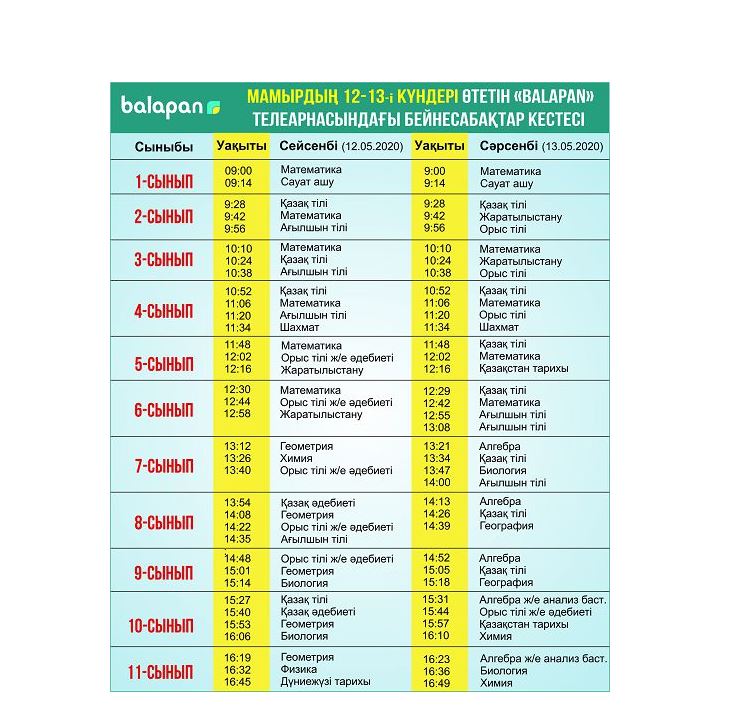 مەكتەپ وقۋشىلارىنا 12-13 مامىرعا ارنالعان بەينەساباقتار كەستەسى